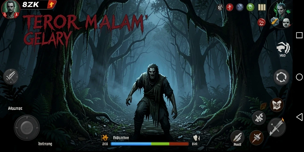 Screenshot 8ZK menampilkan suasana hutan gelap yang mencekam.