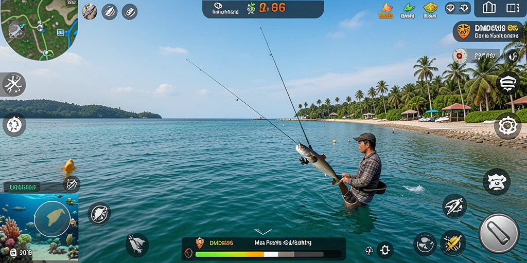 Tampilan gameplay DMD686 dengan aksi memancing yang seru.