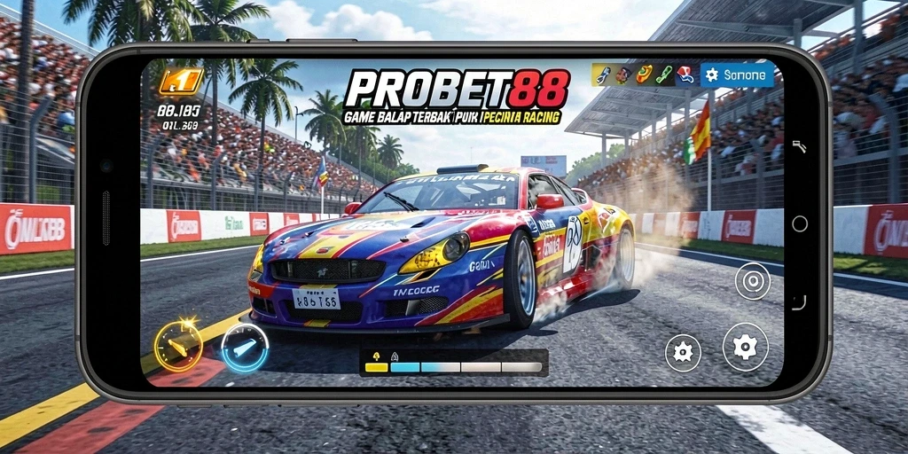 Tampilan gameplay PROBET88 yang mendebarkan dan penuh aksi balapan.