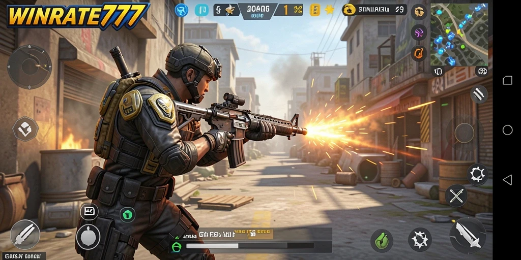 Screenshot utama WINRATE777 menunjukkan aksi menegangkan dalam pertempuran FPS.