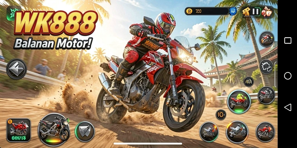 Gameplay seru WK888 yang menampilkan balapan motor di trek yang menantang.
